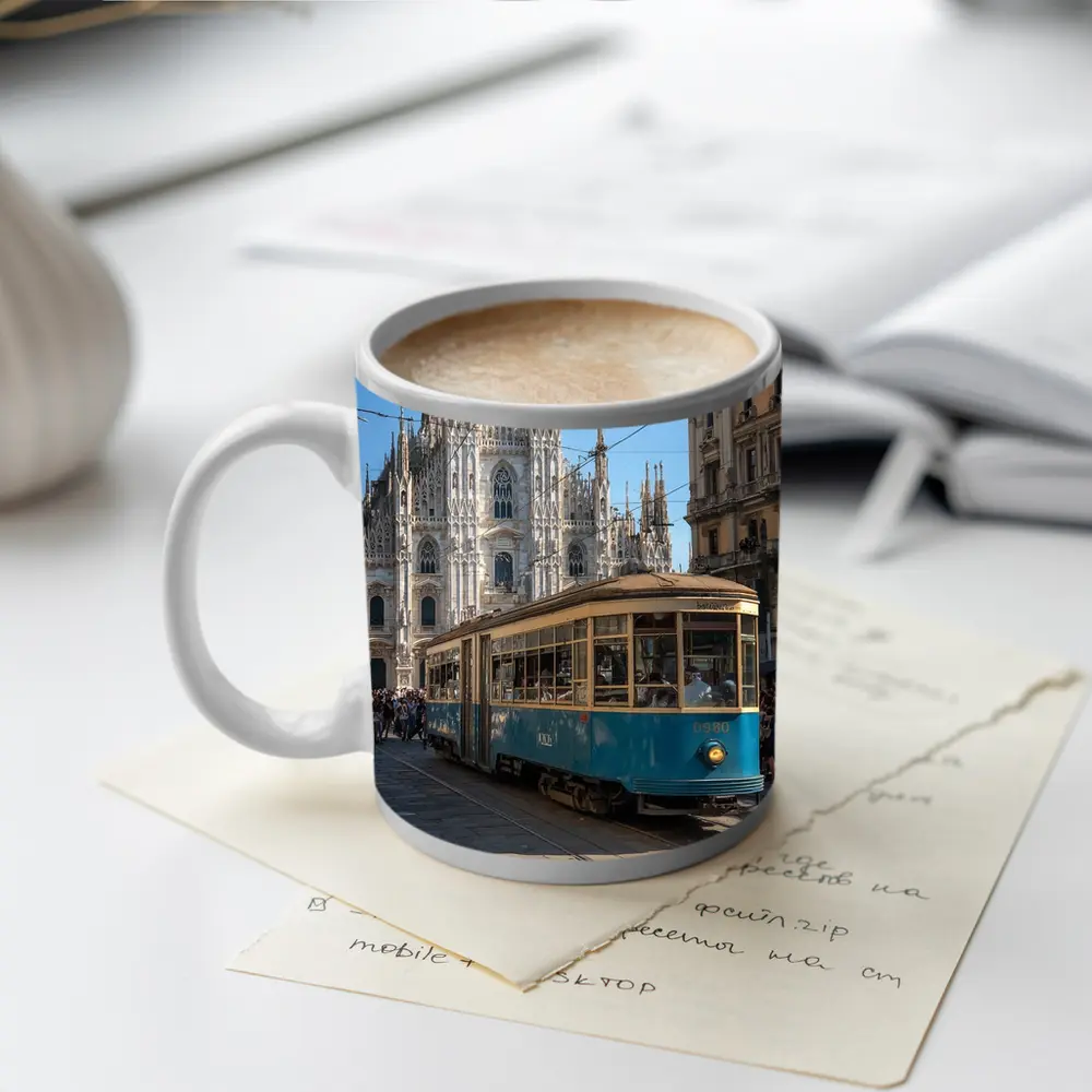 Milan Duomo Cathedral Vintage Tram Street Scene – Mugs