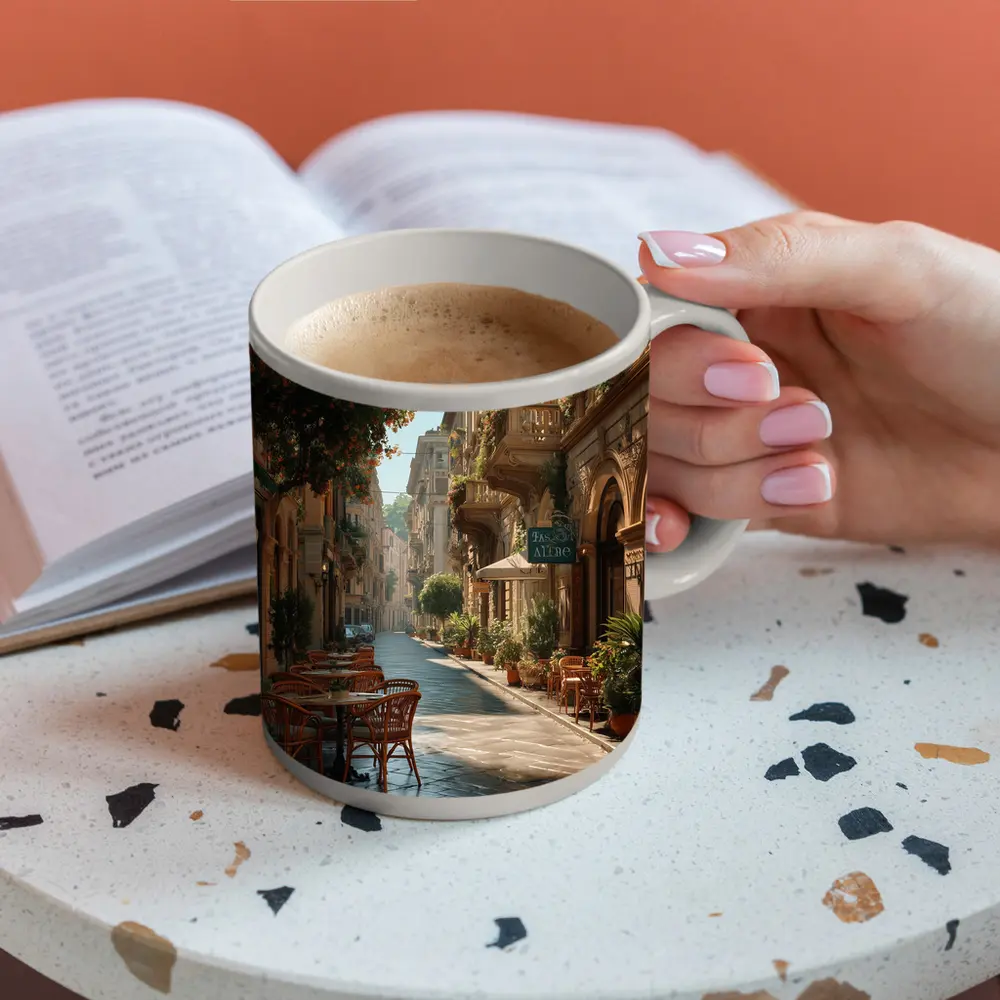 Sunny Italian Street Cafe Outdoor Seating – Mugs