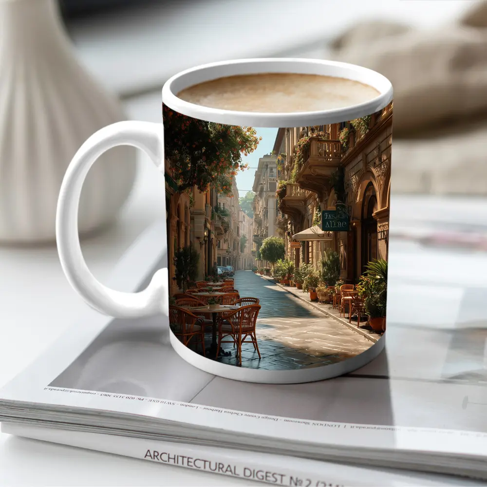 Sunny Italian Street Cafe Outdoor Seating – Mugs