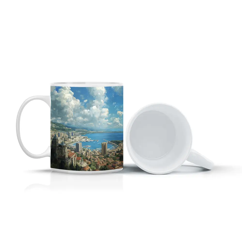Monaco Cityscape Harbor Oil Painting Art – Mugs