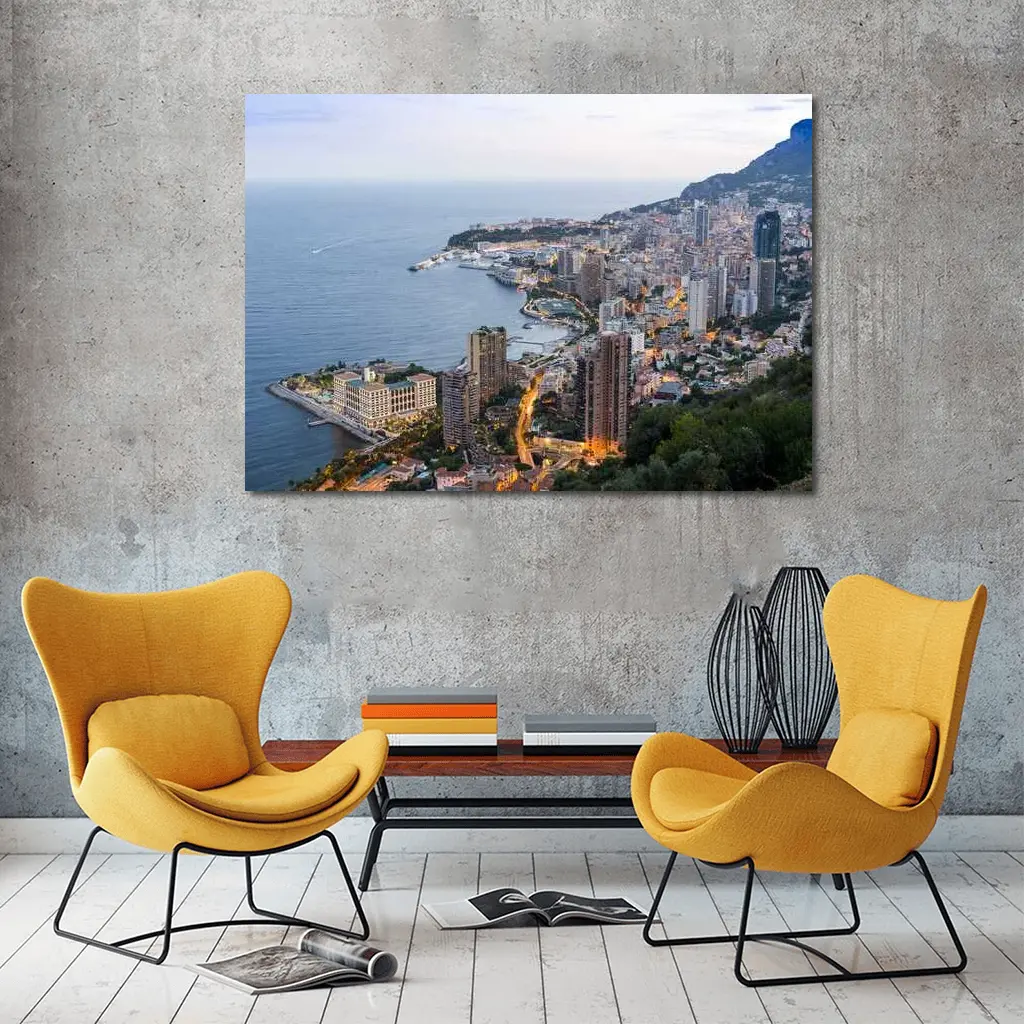 Monaco Coastline Aerial View Dusk City – Wall Art