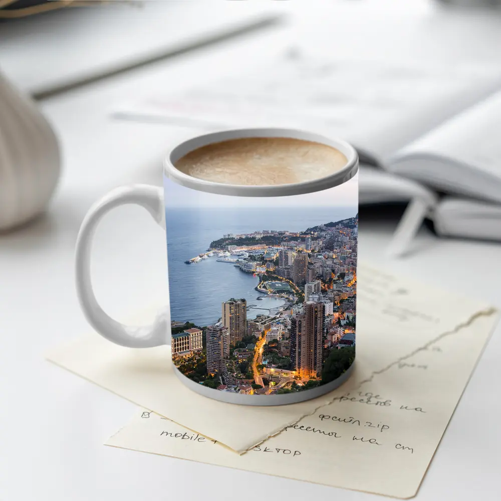 Monaco Coastline Aerial View Dusk City – Mugs