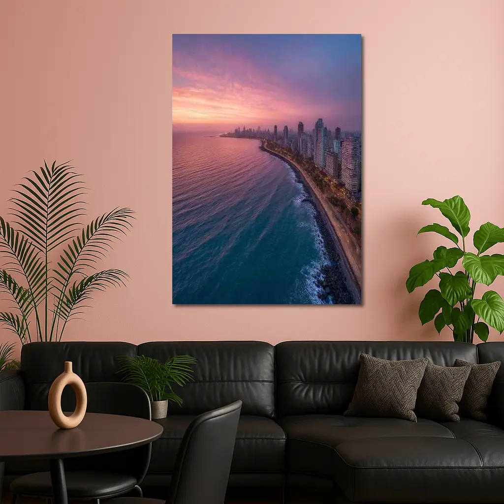 Coastal City Skyline at Pink Sunset – Wall Art