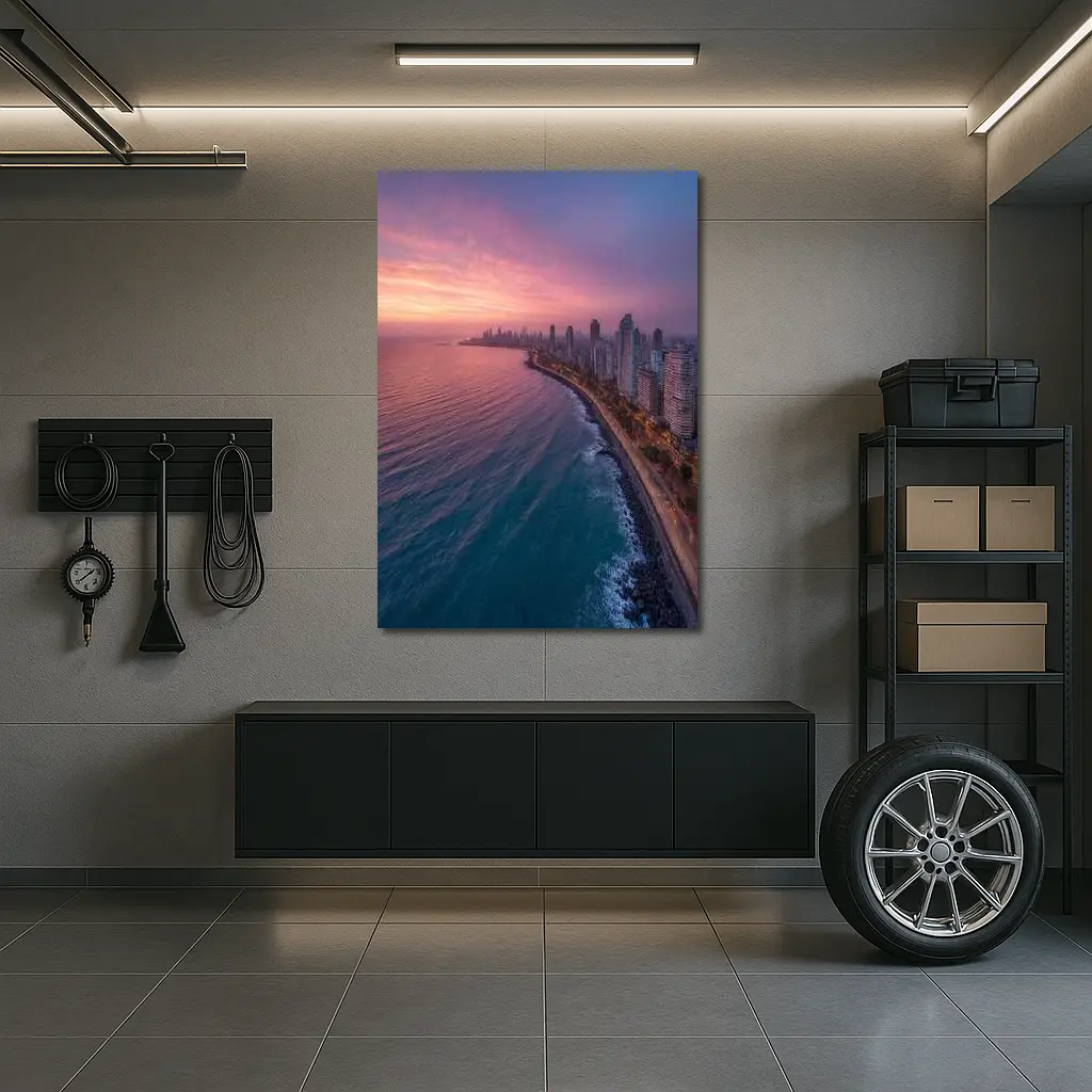 Coastal City Skyline at Pink Sunset – Wall Art