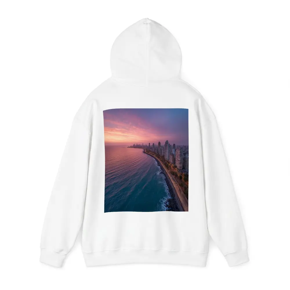 Coastal City Skyline at Pink Sunset – Hoodies