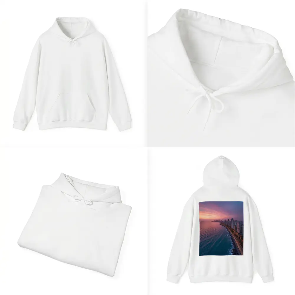 Coastal City Skyline at Pink Sunset – Hoodies