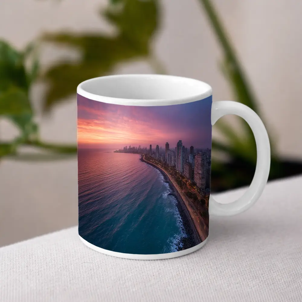Coastal City Skyline at Pink Sunset – Mugs