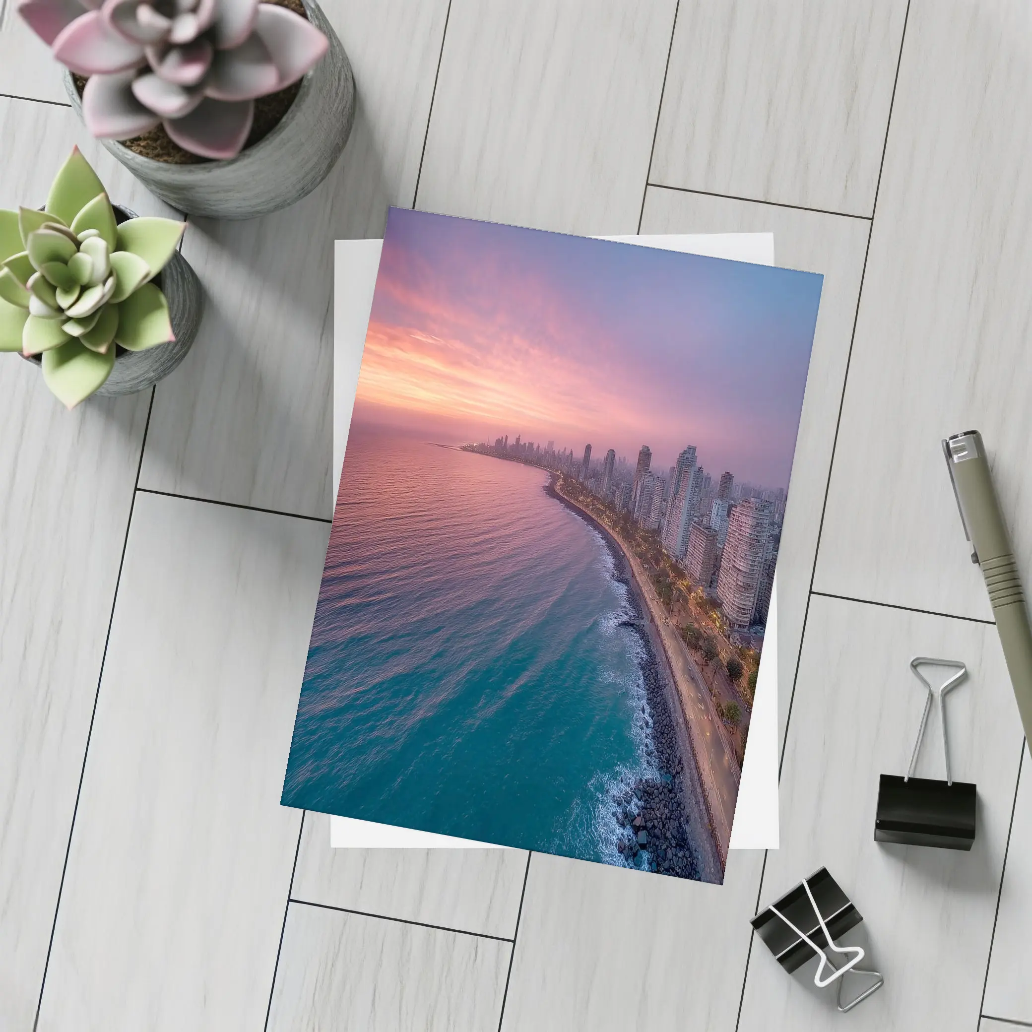 Coastal City Skyline at Pink Sunset – Postcards