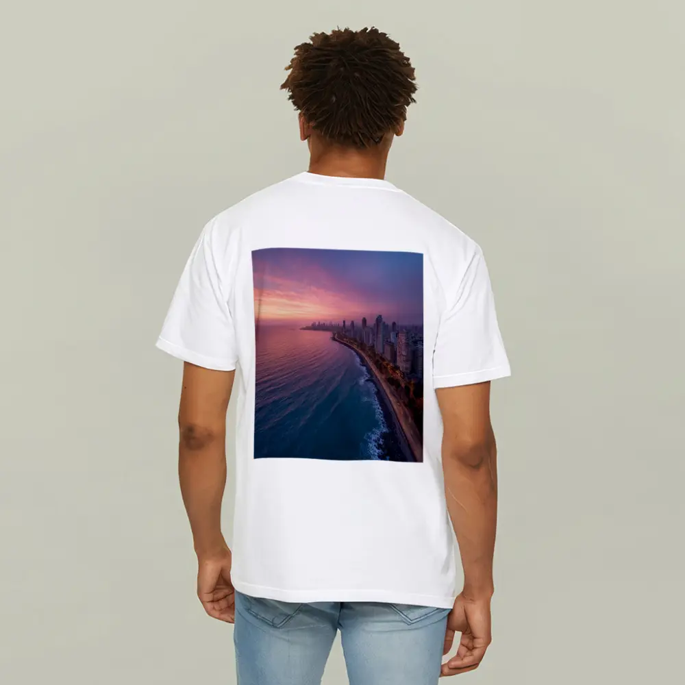 Coastal City Skyline at Pink Sunset – T-Shirts