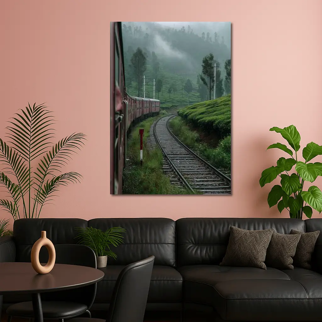 Red Train Winding Through Misty Tea Plantations – Wall Art