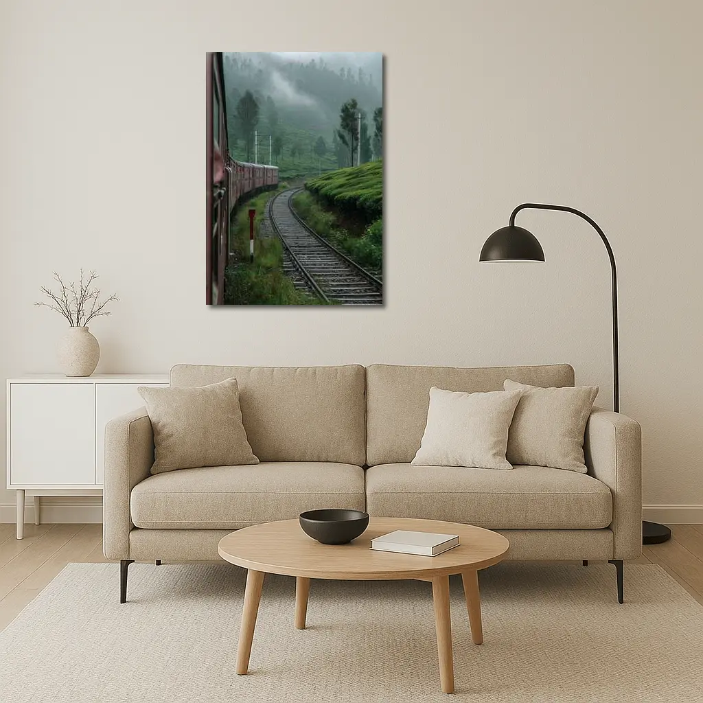 Red Train Winding Through Misty Tea Plantations – Wall Art