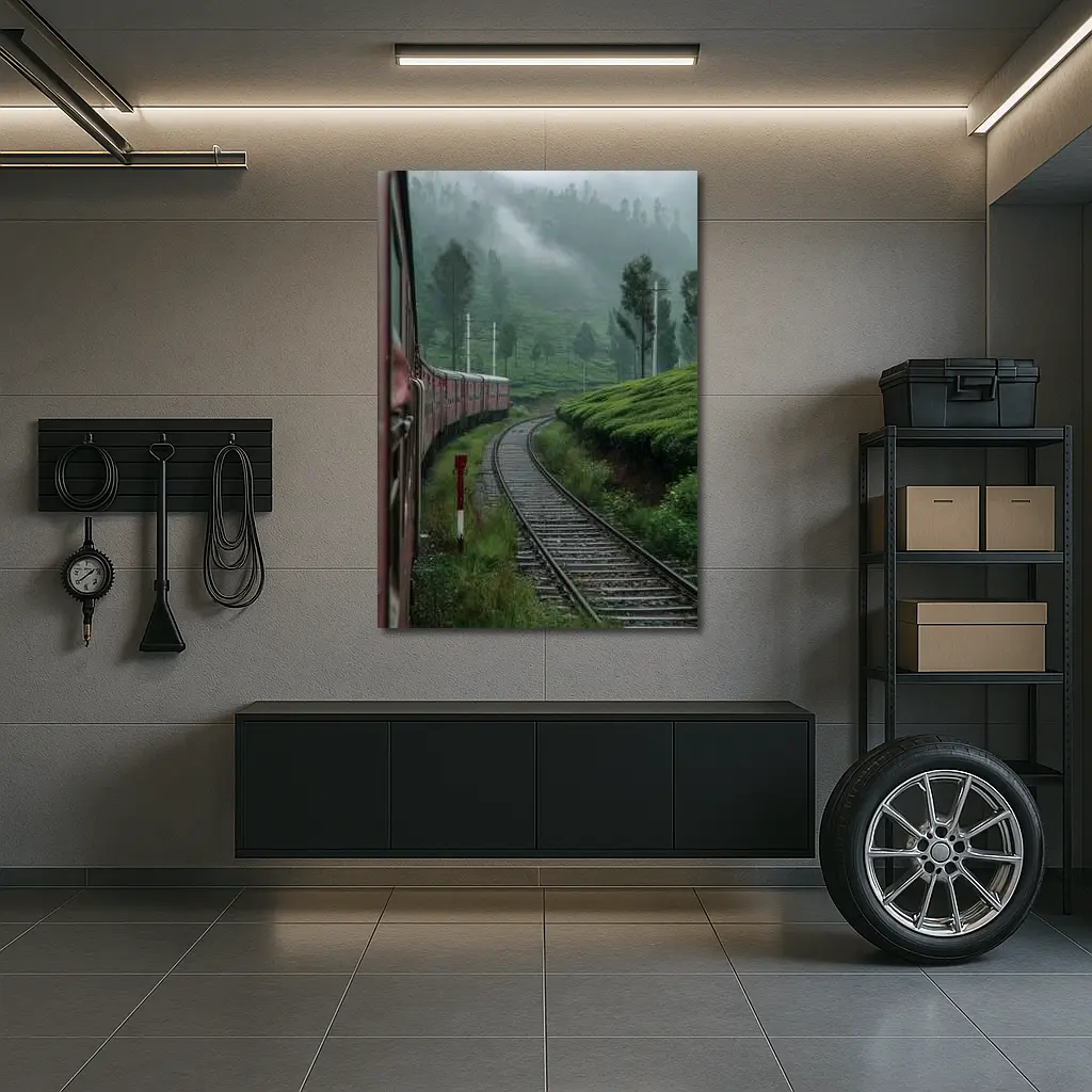Red Train Winding Through Misty Tea Plantations – Wall Art