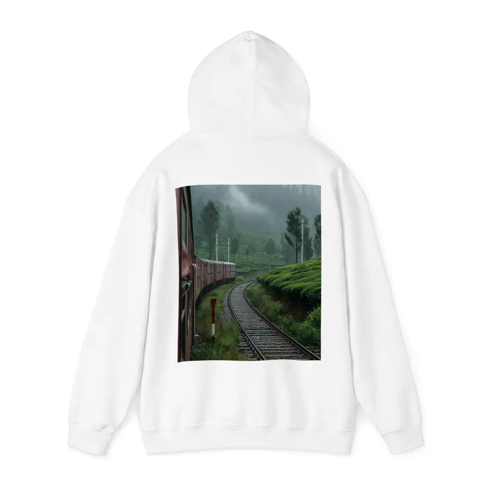 Red Train Winding Through Misty Tea Plantations – Hoodies