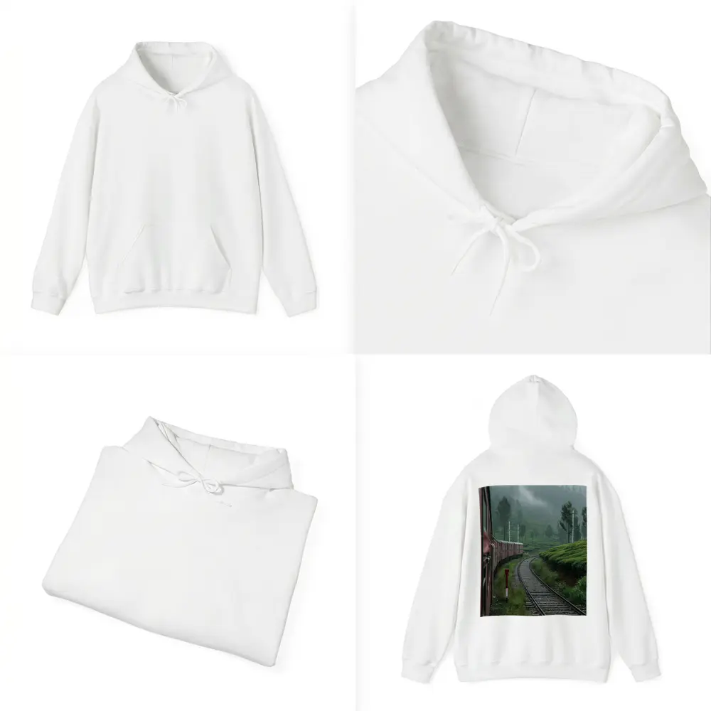 Red Train Winding Through Misty Tea Plantations – Hoodies