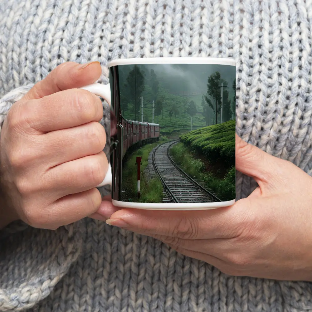 Red Train Winding Through Misty Tea Plantations – Mugs