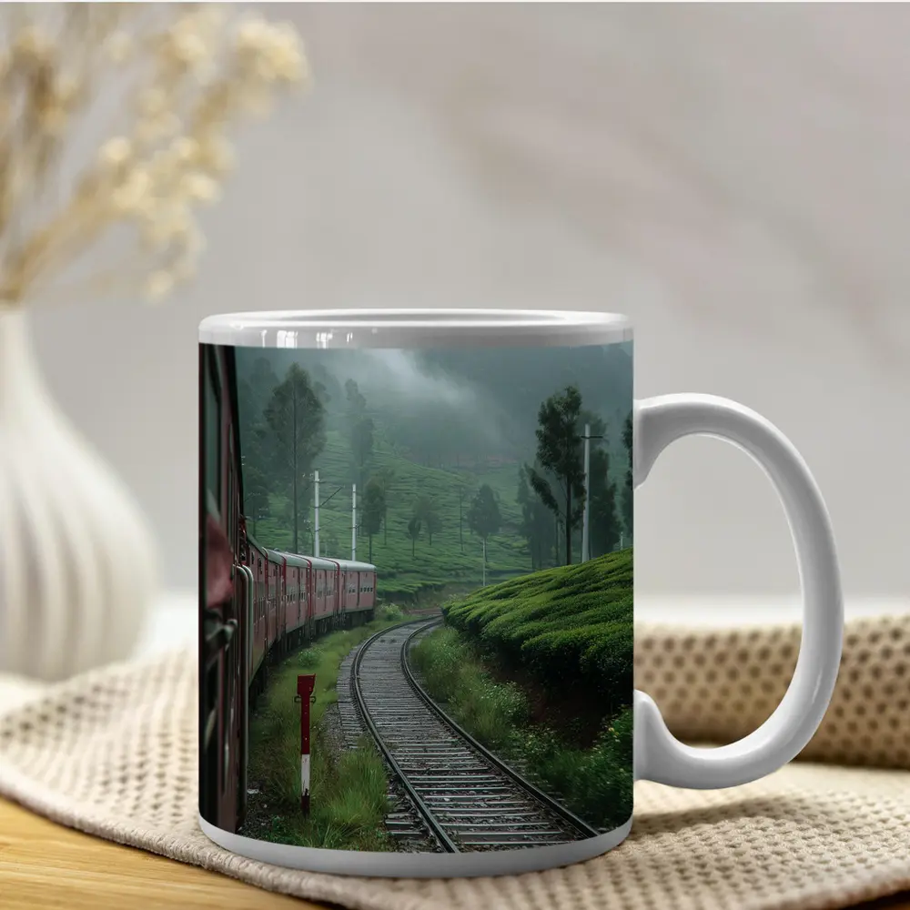 Red Train Winding Through Misty Tea Plantations – Mugs