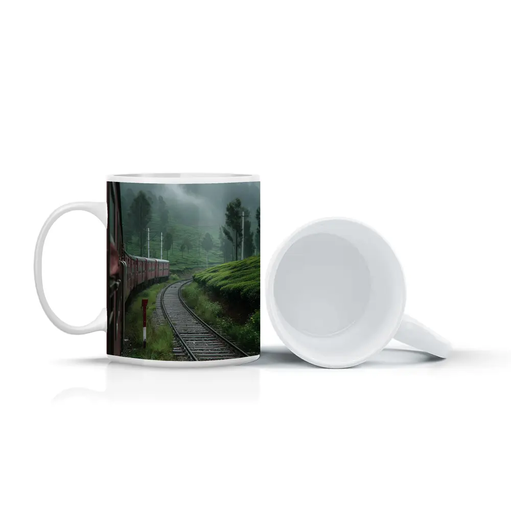 Red Train Winding Through Misty Tea Plantations – Mugs