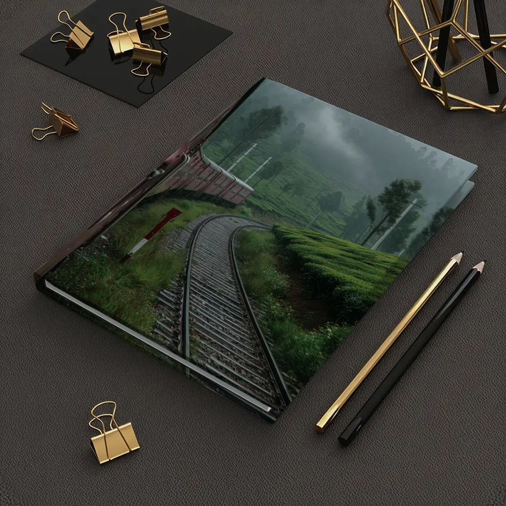Red Train Winding Through Misty Tea Plantations – Notebooks
