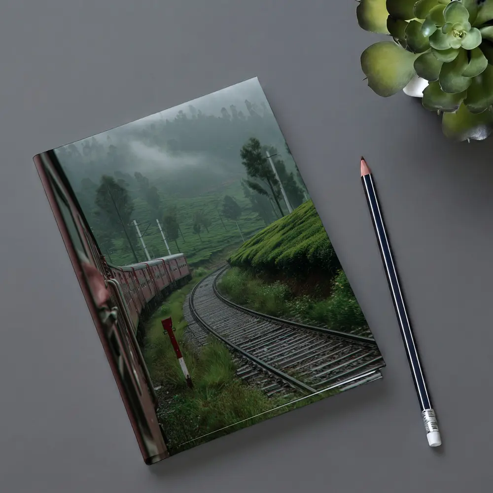 Red Train Winding Through Misty Tea Plantations – Notebooks