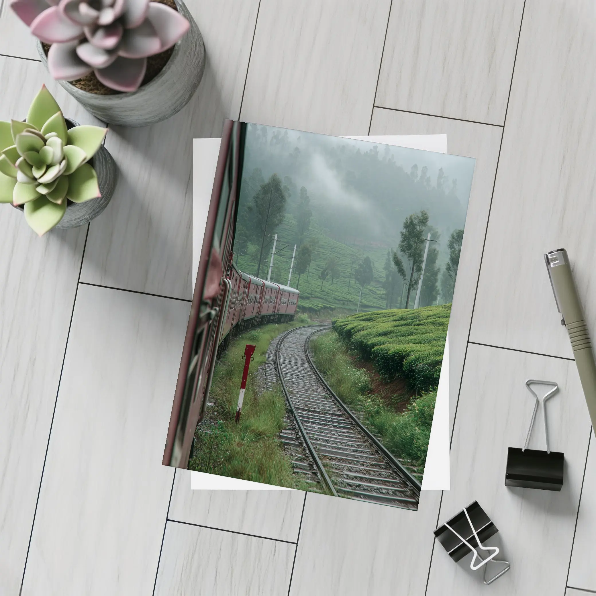 Red Train Winding Through Misty Tea Plantations – Postcards