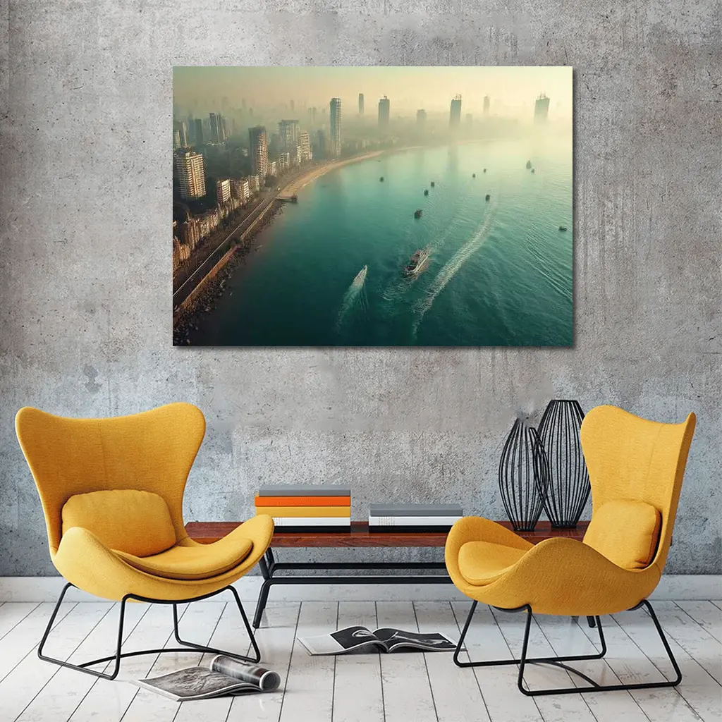 Mumbai Skyline Aerial View Foggy Coastline – Wall Art