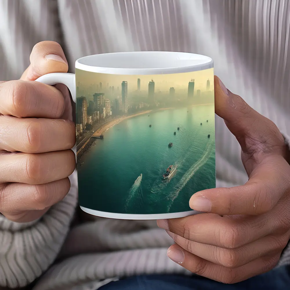 Mumbai Skyline Aerial View Foggy Coastline – Mugs