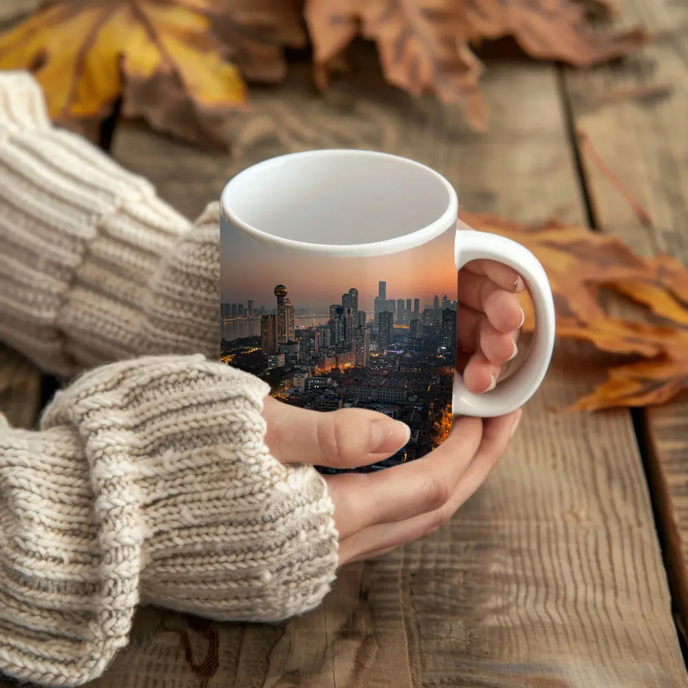 Wuhan China Skyline at Dusk Aerial – Mugs