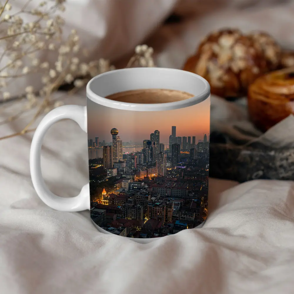 Wuhan China Skyline at Dusk Aerial – Mugs