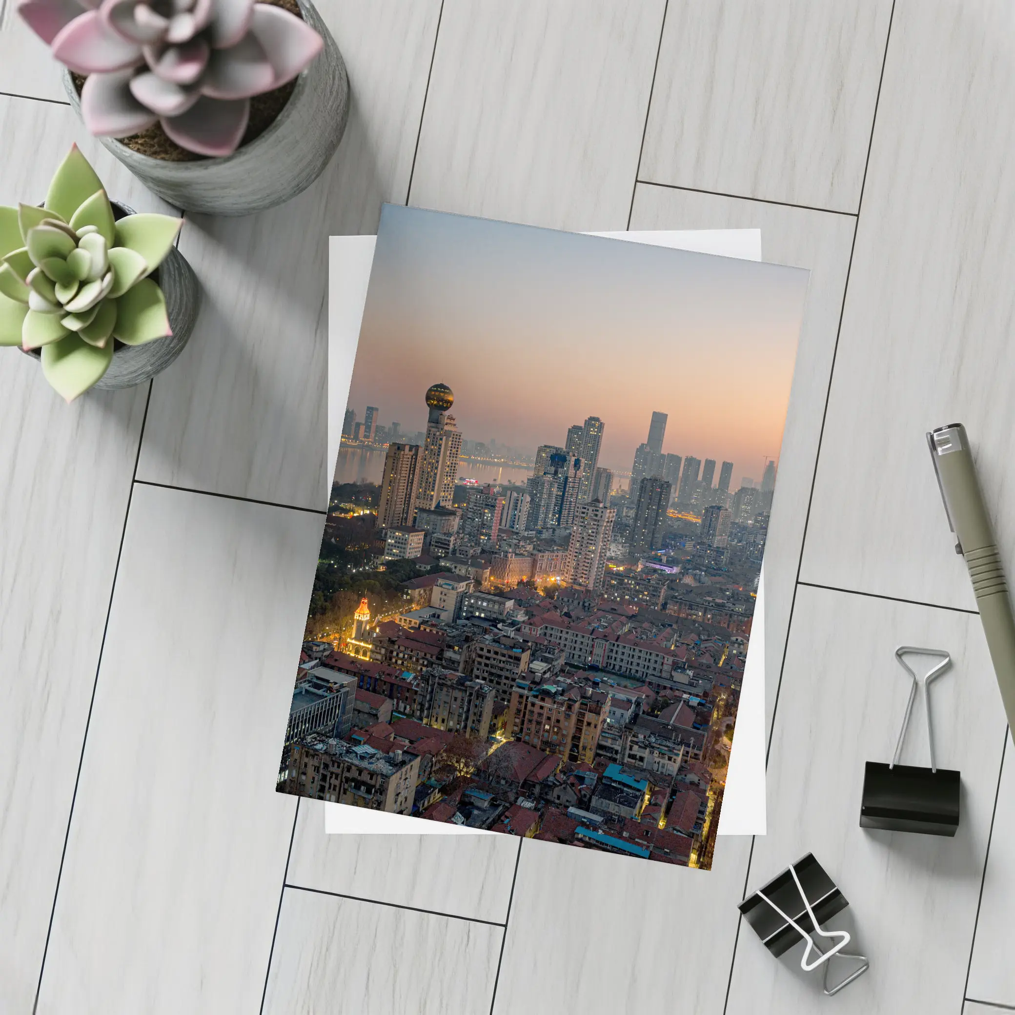 Wuhan China Skyline at Dusk Aerial – Postcards