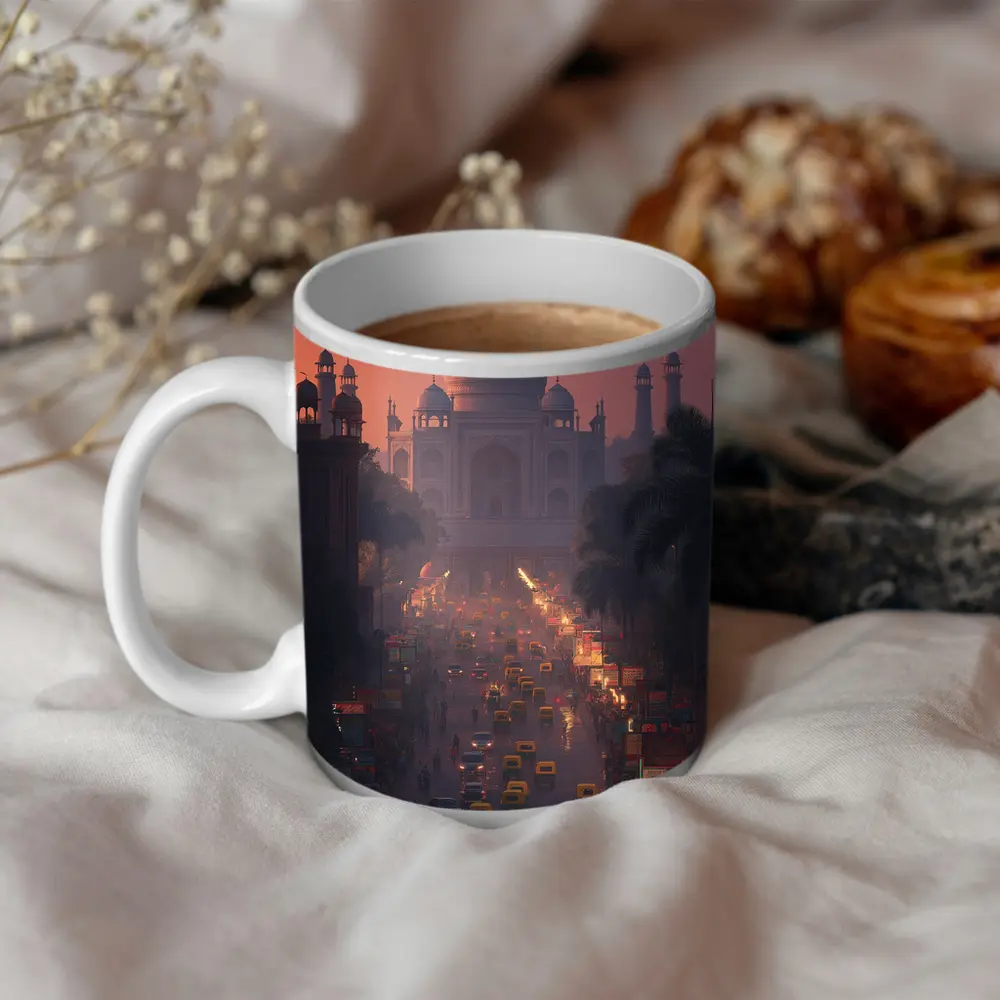Taj Mahal Agra Busy Street Dusk Scene – Mugs
