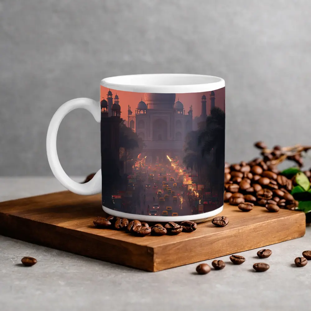 Taj Mahal Agra Busy Street Dusk Scene – Mugs