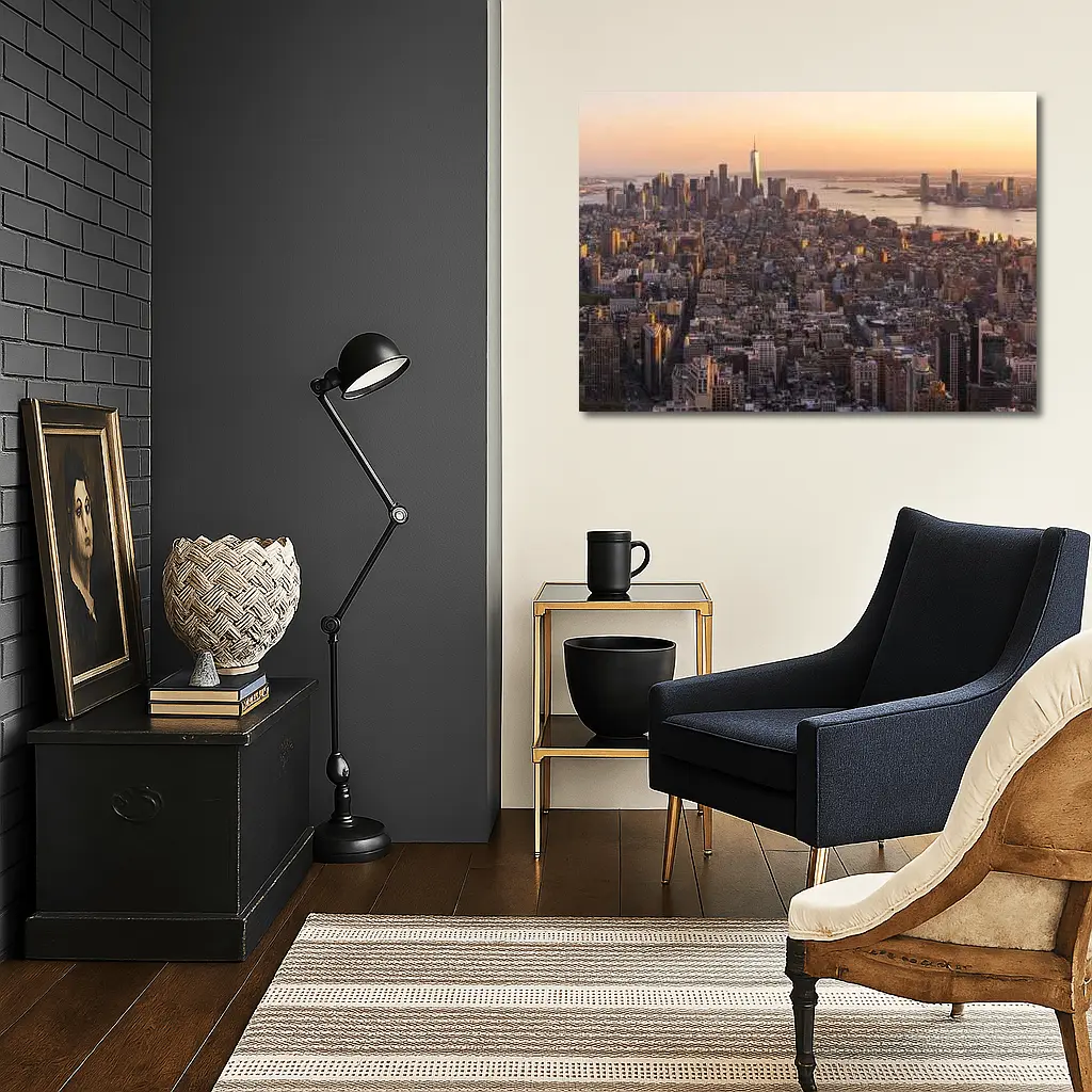 New York City Skyline Golden Sunset Aerial View – Wall Art