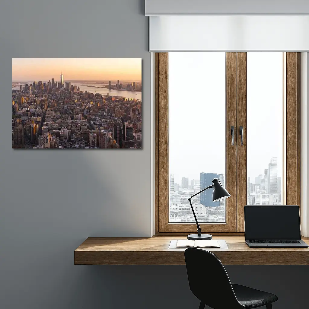 New York City Skyline Golden Sunset Aerial View – Wall Art