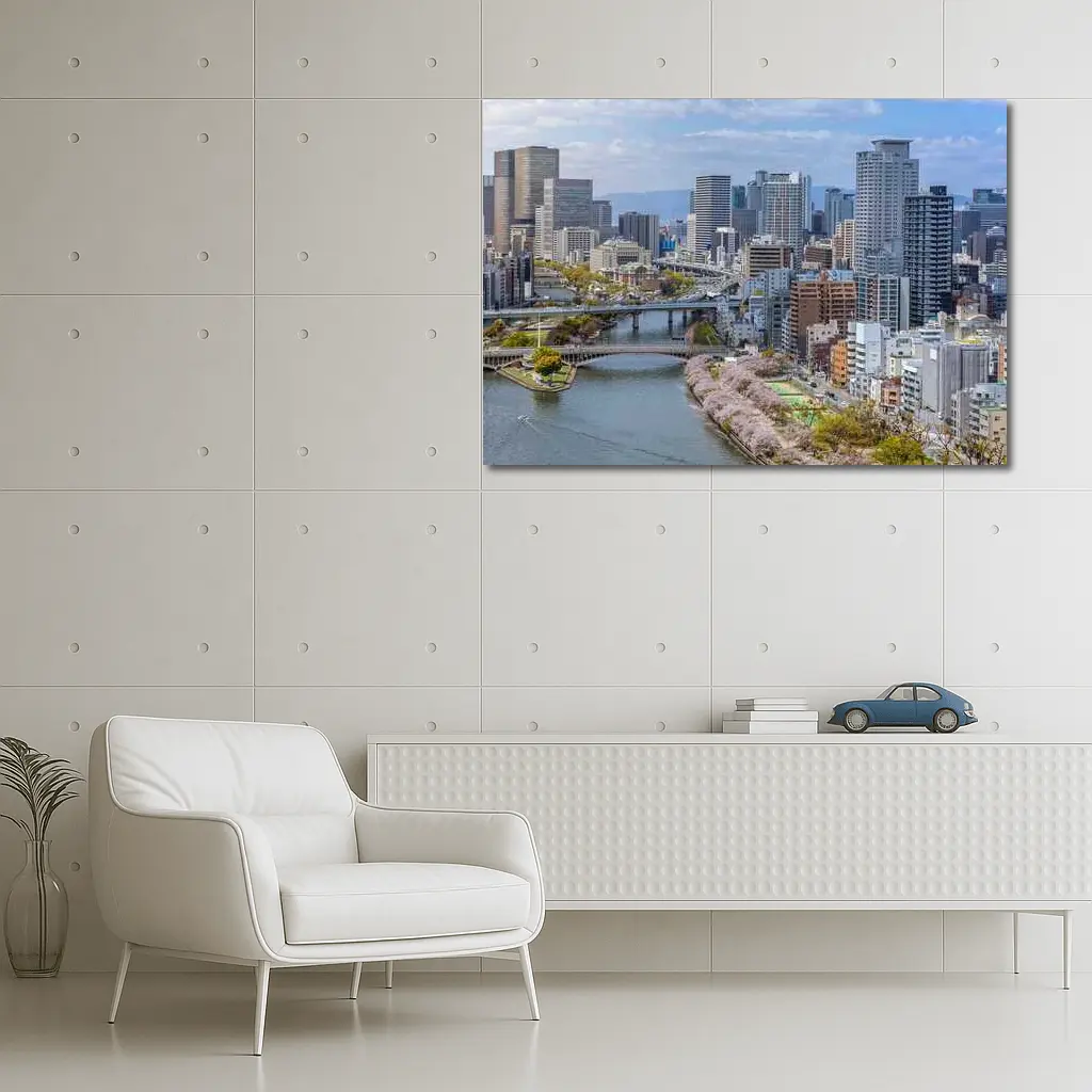 Osaka Skyline Cherry Blossoms River View – Wall Art
