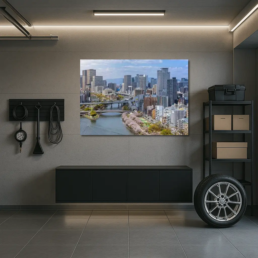 Osaka Skyline Cherry Blossoms River View – Wall Art
