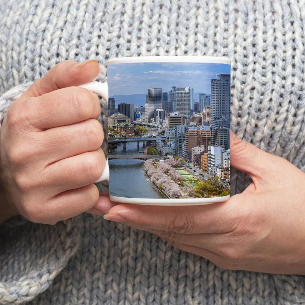 Osaka Skyline Cherry Blossoms River View – Mugs