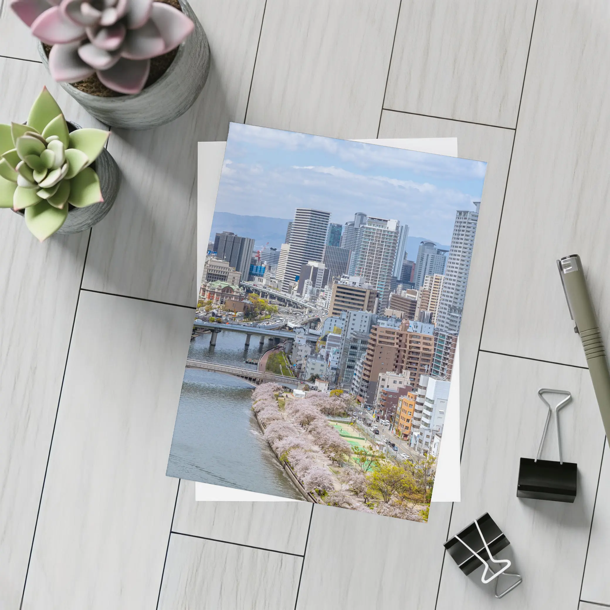 Osaka Skyline Cherry Blossoms River View – Postcards
