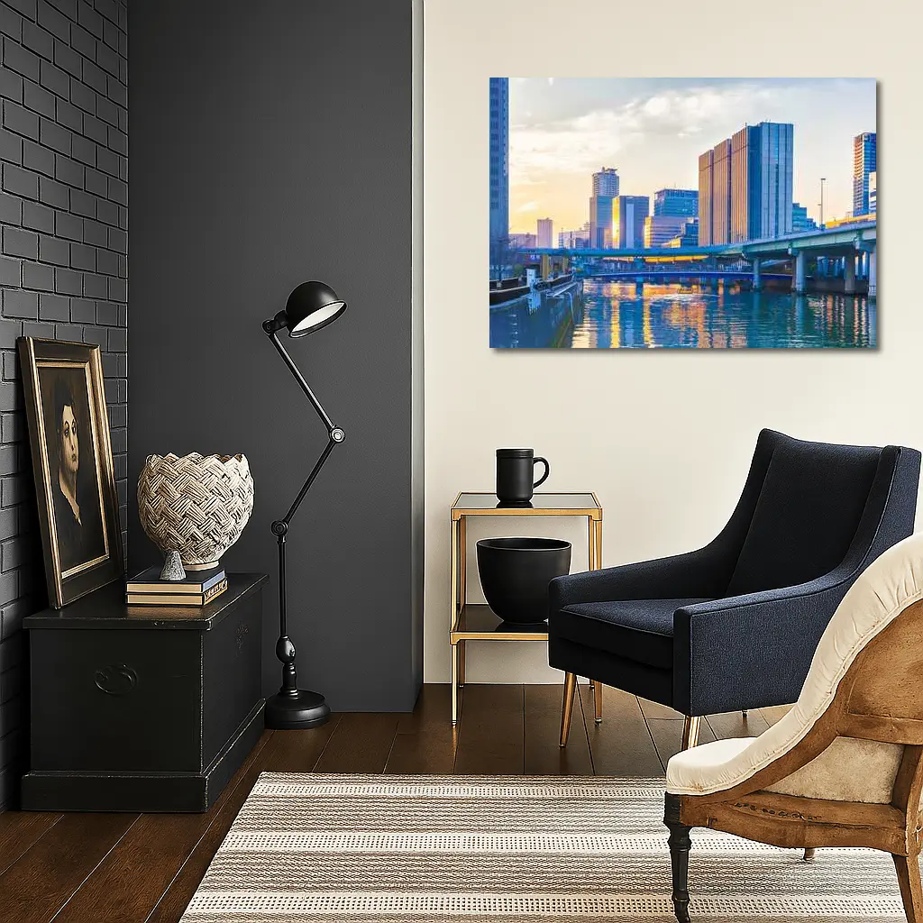 Osaka Japan Skyline River Golden Sunset – Wall Art