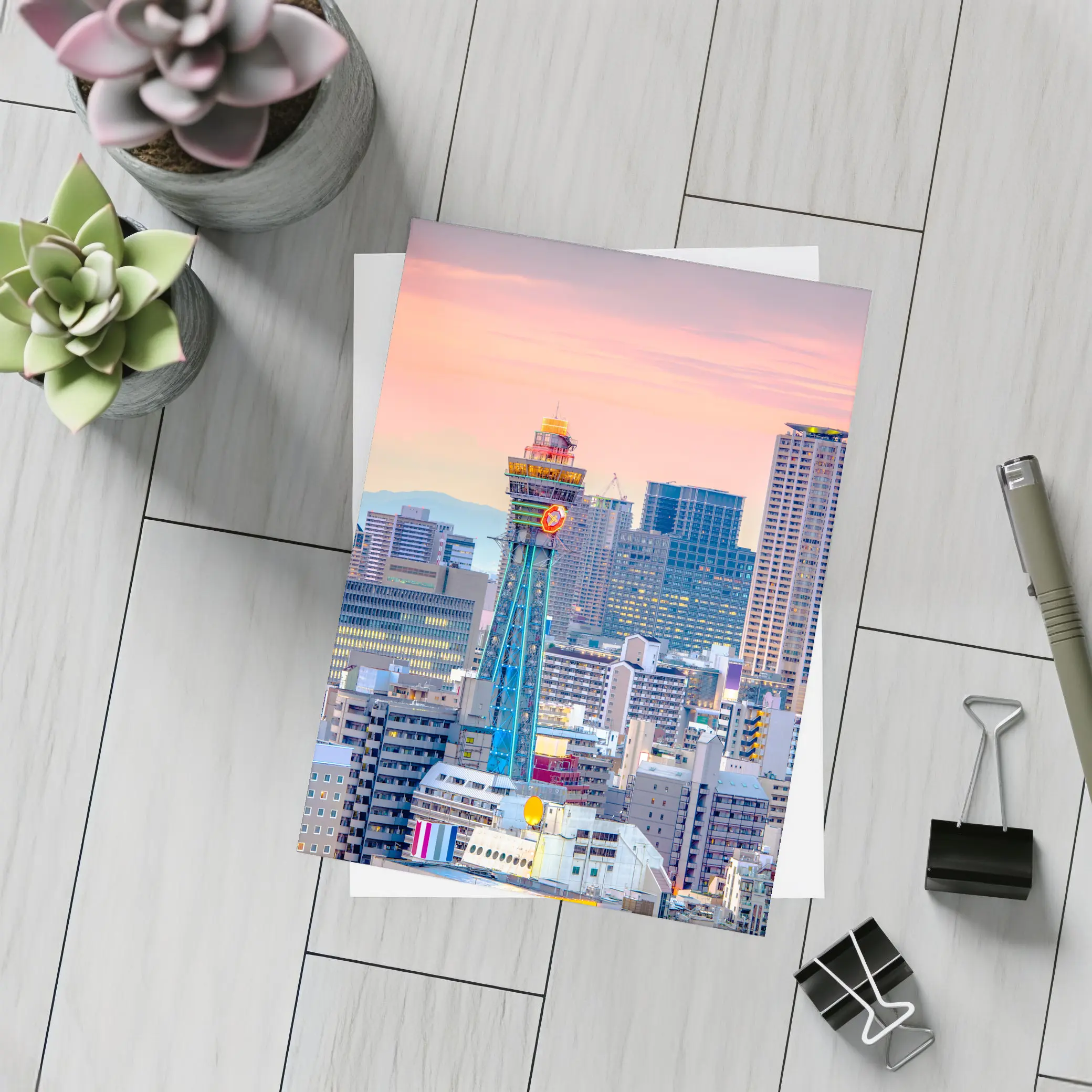 Osaka Japan Skyline at Pink Sunset – Postcards