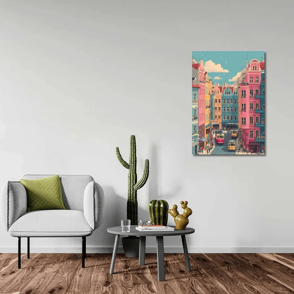 Colorful European City Street Tram Illustration – Wall Art