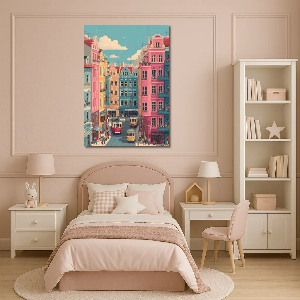 Colorful European City Street Tram Illustration – Wall Art