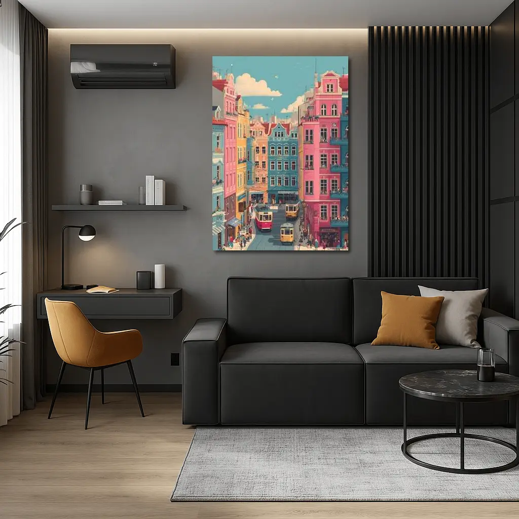 Colorful European City Street Tram Illustration – Wall Art