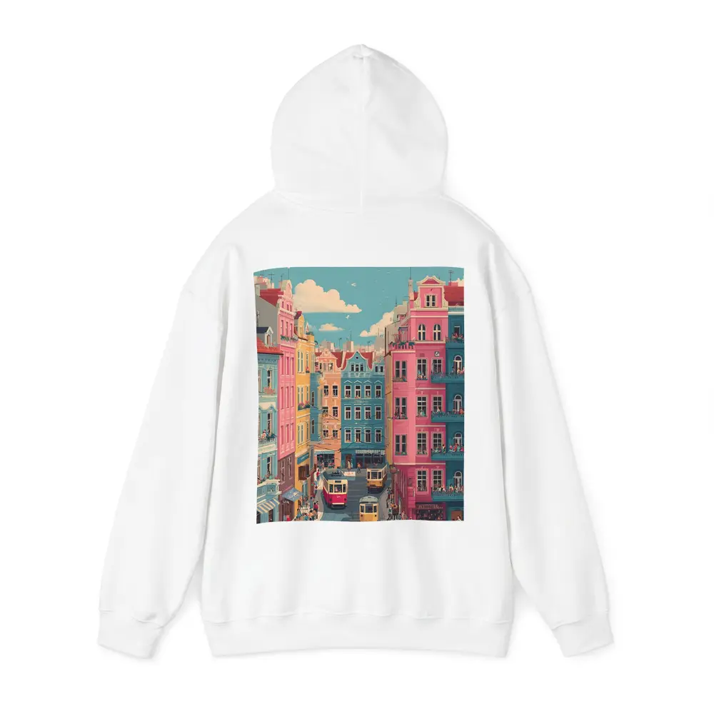 Colorful European City Street Tram Illustration – Hoodies
