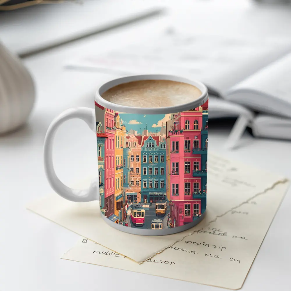 Colorful European City Street Tram Illustration – Mugs