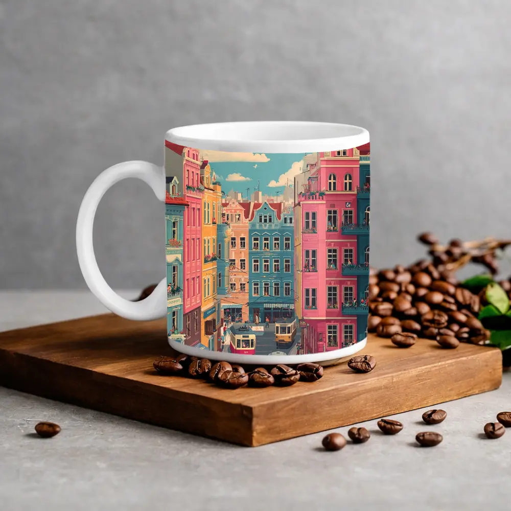 Colorful European City Street Tram Illustration – Mugs