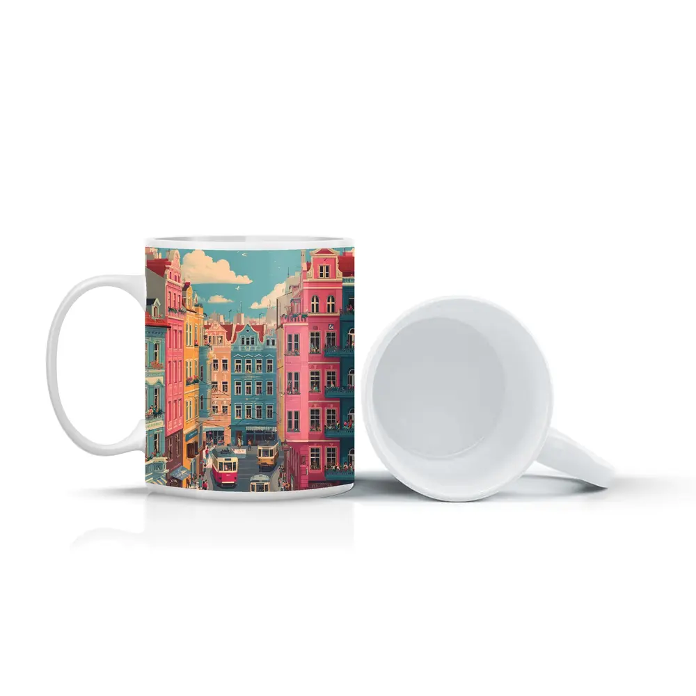 Colorful European City Street Tram Illustration – Mugs
