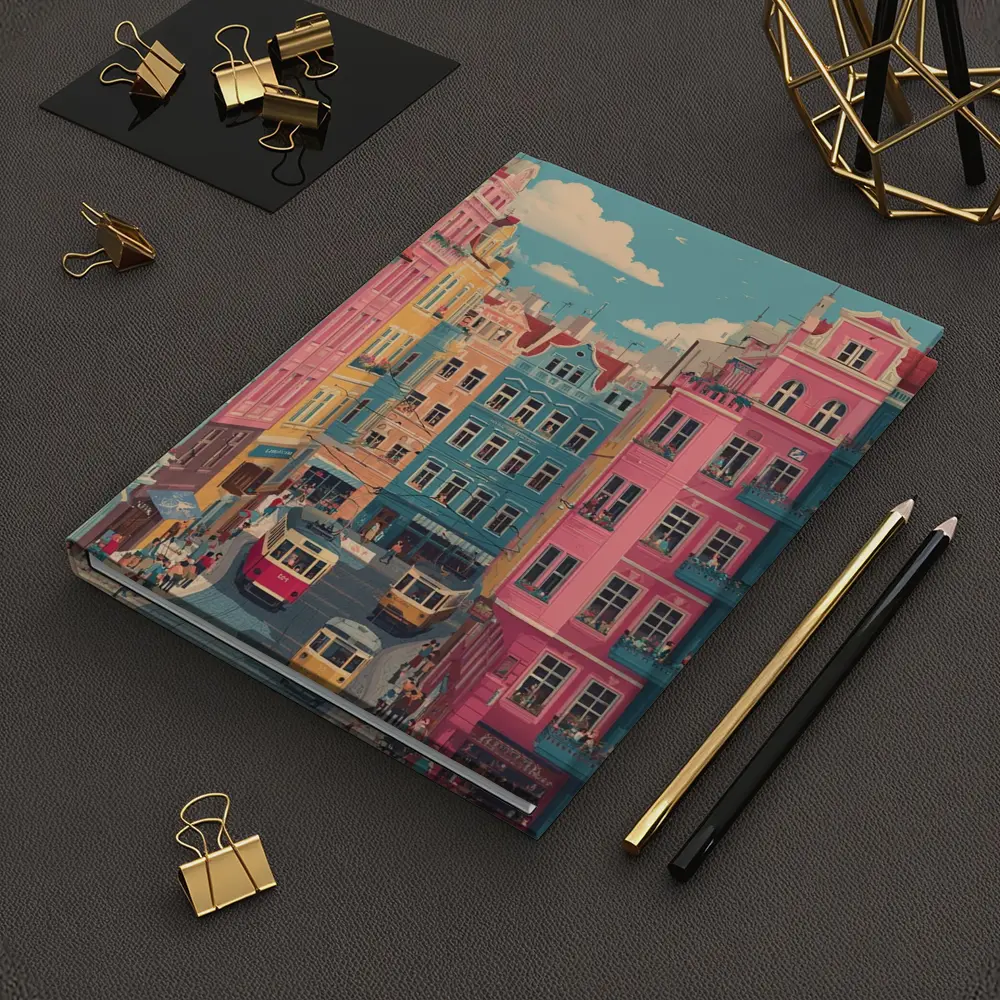 Colorful European City Street Tram Illustration – Notebooks