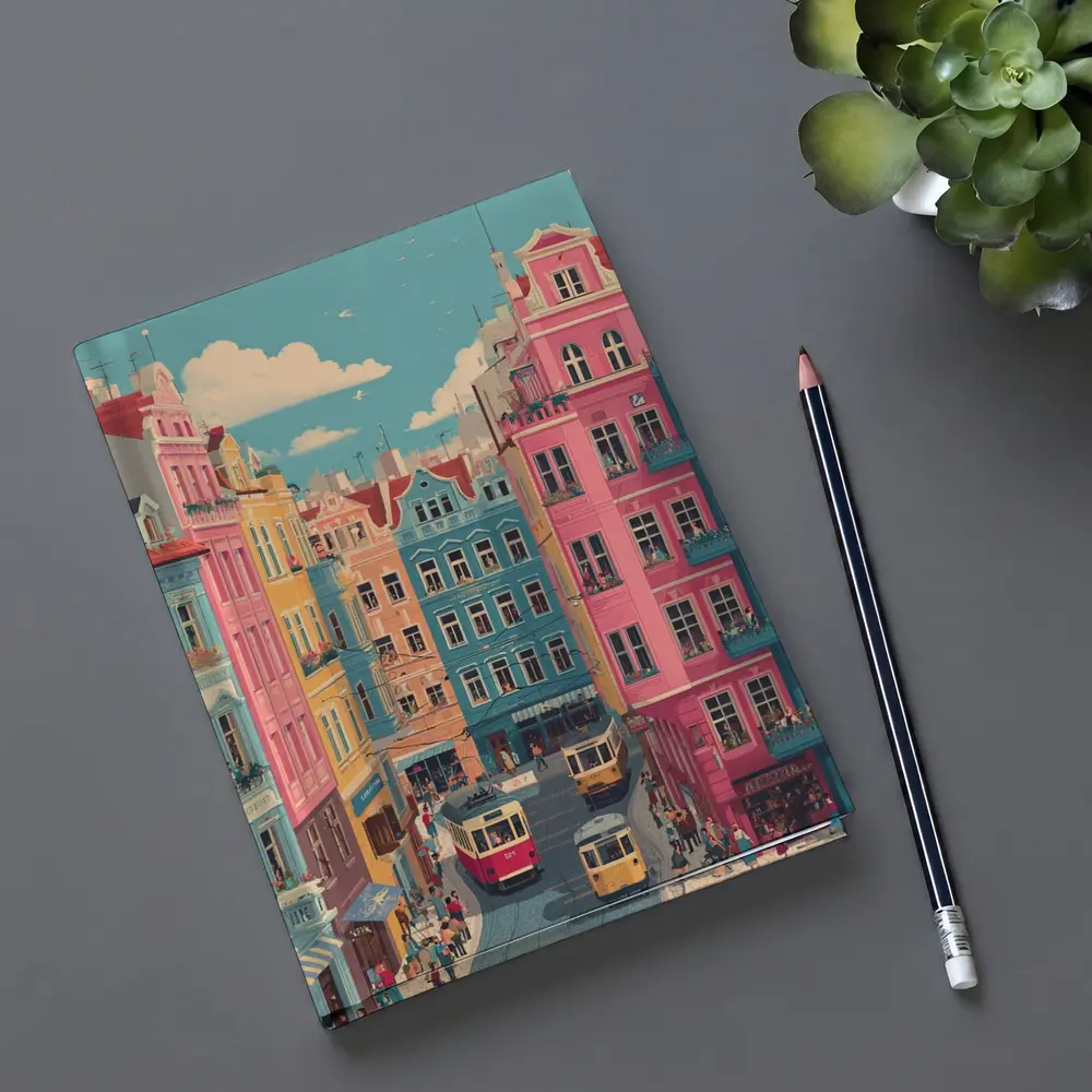 Colorful European City Street Tram Illustration – Notebooks