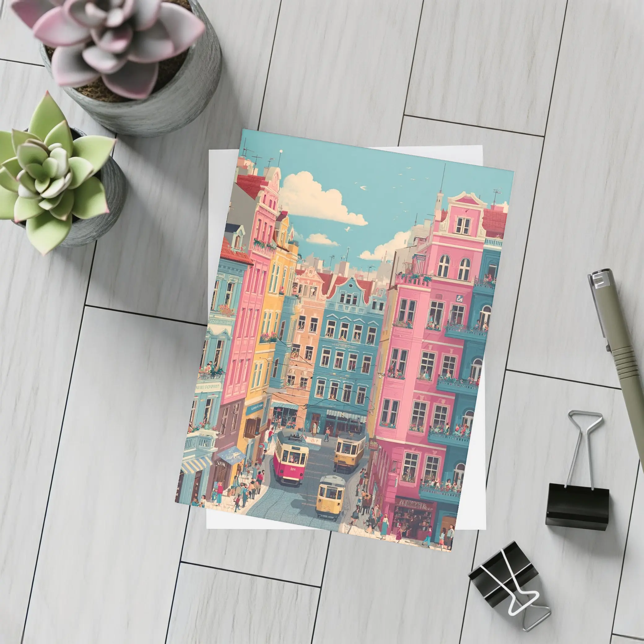 Colorful European City Street Tram Illustration – Postcards