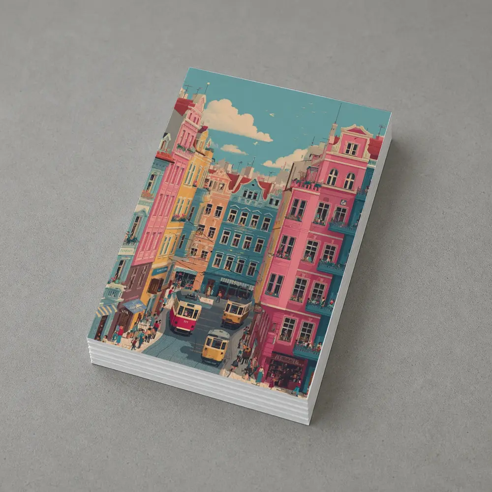 Colorful European City Street Tram Illustration – Postcards